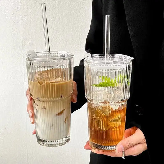 600ml Stripe Glass Cup Transparent Glasses With Lid and Straw Ice Coffee Mug Tea Cup Juice Glass Milk Water Cup Drinkware