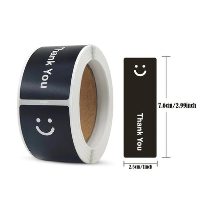 120Pcs/Roll Simple Smile Face Thank You Stickers Black/White Oblong 1.0*3.0in For Takeout PC Pad Fridge Gift Sealing Diy Decor