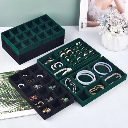 Black/Dark Green Flannel Jewelry Storage Box Household Drawer Earring Necklace Ring Tray Head Rope Ear Clip Display Storage Tray