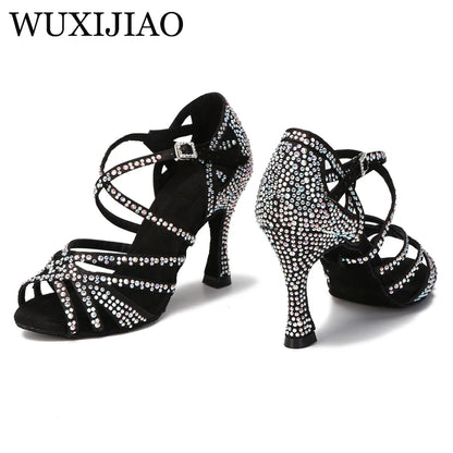 WUXIJIAO Women Party Dance Shoes Satin Shining rhinestones Soft Bottom Latin Dance Shoes Woman Salsa Dance Shoes heel