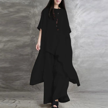 Women's Cotton Linen 2-piece Sets Large Size Casual Wear Sportswear Suit Short-Sleeved O-Neck Top Wide Leg Pants Suits For Women