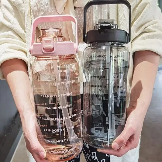 2000ml Sports Drinking Bottles with Time Marker with Straw Large Capacity Drinkware