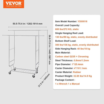 Heavy Duty Clothes Rack, Double Hanging Rod Clothing Garment Rack for Hanging Clothes