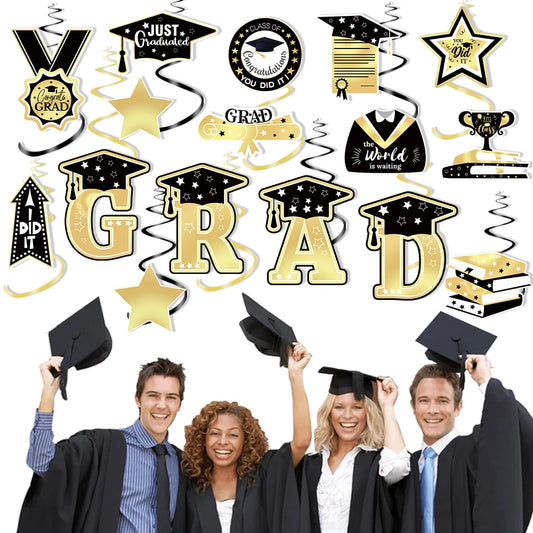 2024 Graduation Season Theme Party Decor Happy Graduation Banner Balloon Spiral Hanging Cake Toppers for Graduation Celebration