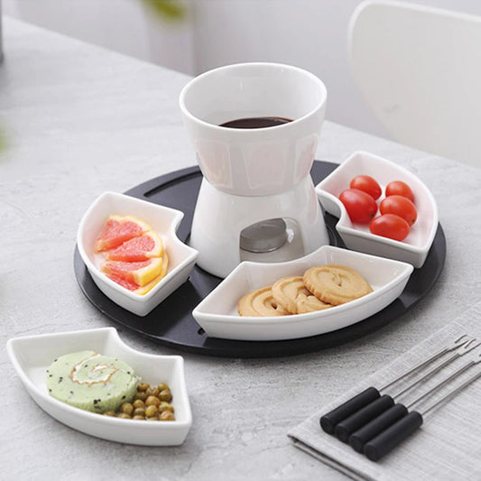 White Ceramic  Chocolate Fondue Pot  with 4 Dishes  Forks Porcelain Diy Fondue Serving Set for Cheese, Chocolate, Icecream
