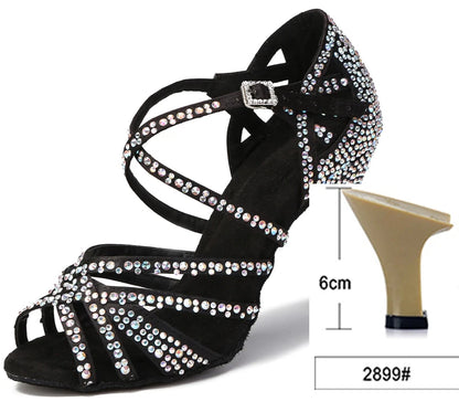 WUXIJIAO Women Party Dance Shoes Satin Shining rhinestones Soft Bottom Latin Dance Shoes Woman Salsa Dance Shoes heel