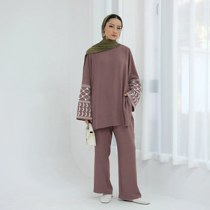 Muslim Women's Modest Tunic Pants Set, Keffiyeh Pattern Embroidery, Casual Dubai Turkish Hijabi Islamic Matching Outfit, Ramadan