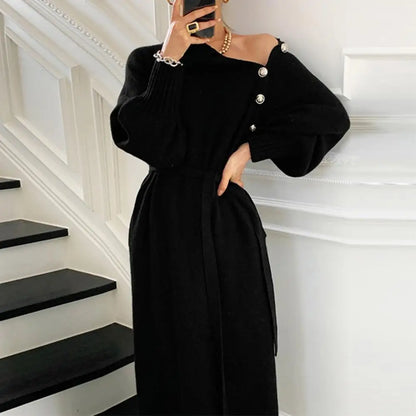 Vintage Turtleneck Buttons Long Sleeve Long Dresses Winter Fashion Casual Loose Knitwear Warm Women Knitted Dress Black Apricot