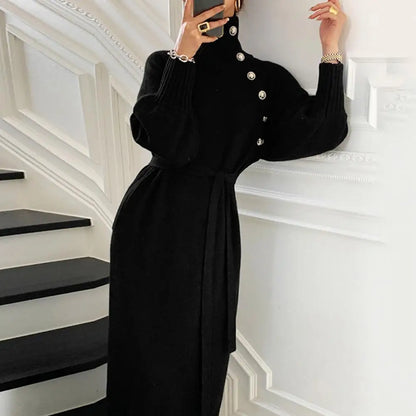 Vintage Turtleneck Buttons Long Sleeve Long Dresses Winter Fashion Casual Loose Knitwear Warm Women Knitted Dress Black Apricot