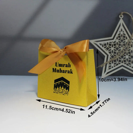 Shiny Umrah Mubarak Candy Gift Boxes with Kaaba Arabic Umrah Mubarak Design for Muslim Celebrations and Décor