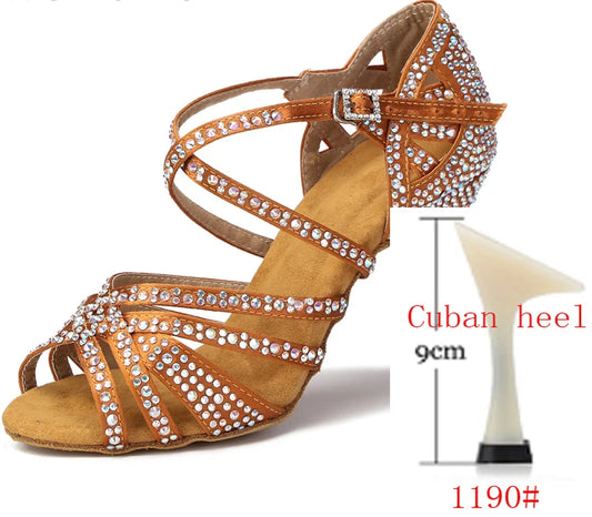 WUXIJIAO Women Party Dance Shoes Satin Shining rhinestones Soft Bottom Latin Dance Shoes Woman Salsa Dance Shoes heel