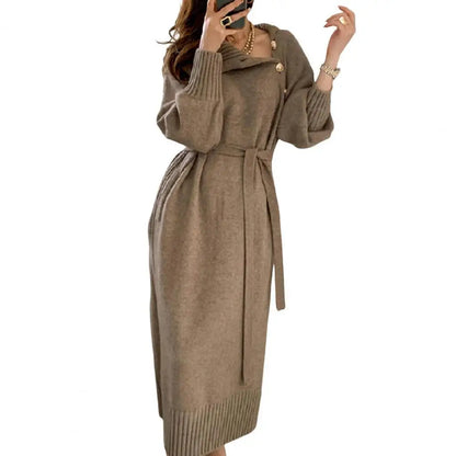 Vintage Turtleneck Buttons Long Sleeve Long Dresses Winter Fashion Casual Loose Knitwear Warm Women Knitted Dress Black Apricot