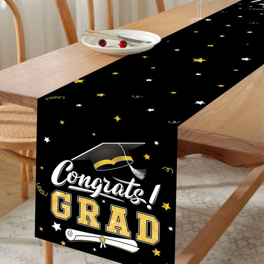 Graduation Table Runner Graduation Decorations 2025 Black Gold Polyester Graduation Table Cloth Prom Grad Party Table Decoration
