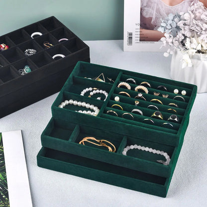 Black/Dark Green Flannel Jewelry Storage Box Household Drawer Earring Necklace Ring Tray Head Rope Ear Clip Display Storage Tray