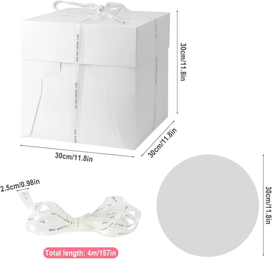 1pcs Cardboard Cake Box 30cm Cardboard Pastry Box Cake Transportation Box with Ribbon White for Wedding Anniversary Birthday