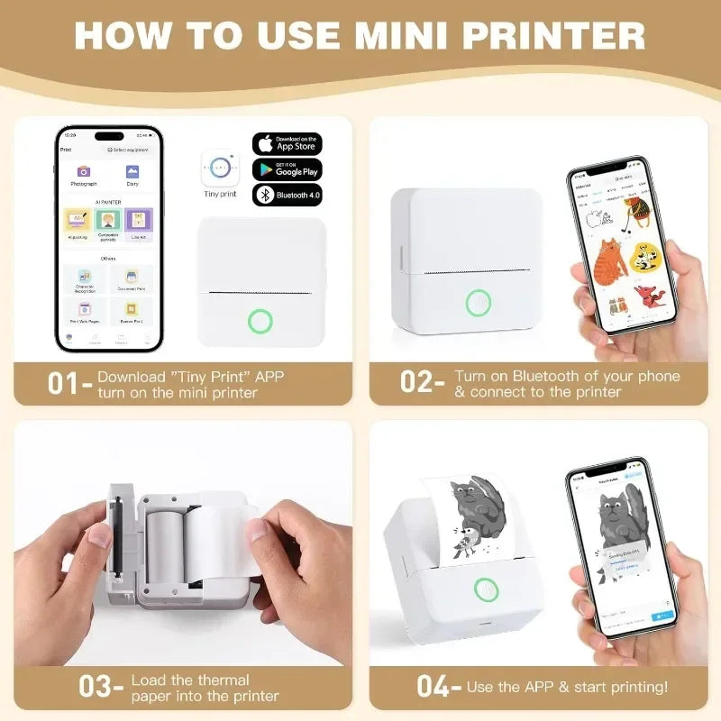 Thermal Mini Printer Portable Inkless Sticker Cut Small Pocket Printer