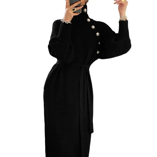 Vintage Turtleneck Buttons Long Sleeve Long Dresses Winter Fashion Casual Loose Knitwear Warm Women Knitted Dress Black Apricot