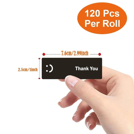 120Pcs/Roll Simple Smile Face Thank You Stickers Black/White Oblong 1.0*3.0in For Takeout PC Pad Fridge Gift Sealing Diy Decor